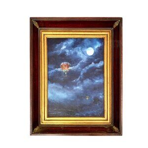 Painting Dreamy Night Hot Air Balloons Signed Framed Vintage Art Decor